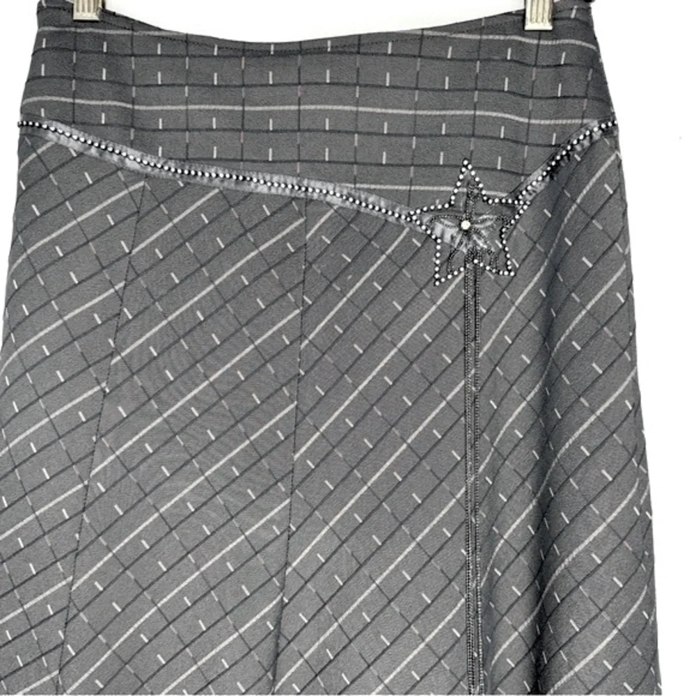 Gray-Brown Midi Skirt with Rhinestone and Chain Accents